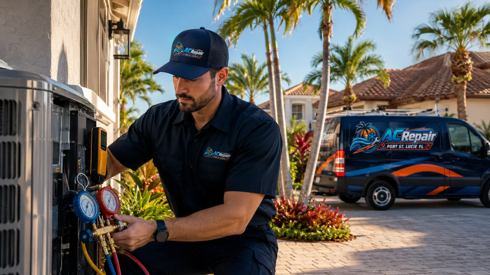 Technician connecting manifold gauges to an air conditioner on a sunny Port St. Lucie day