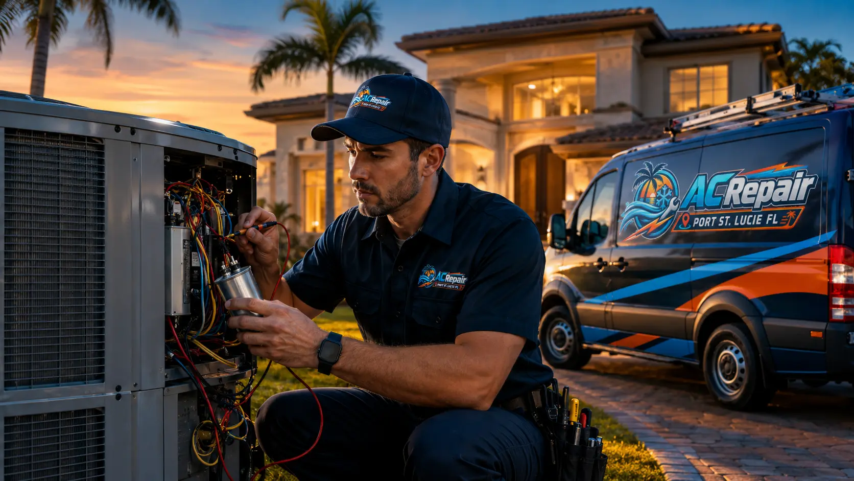 Technician replacing a failed AC capacitor in a condenser electrical panel