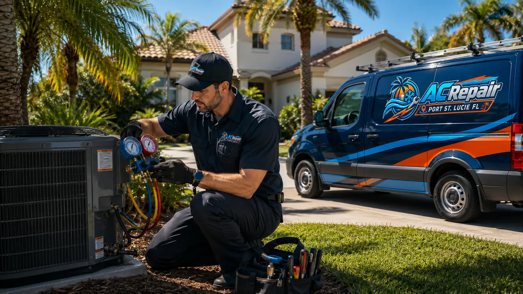 Technician checking refrigerant pressures on a condenser outside a Port St. Lucie home