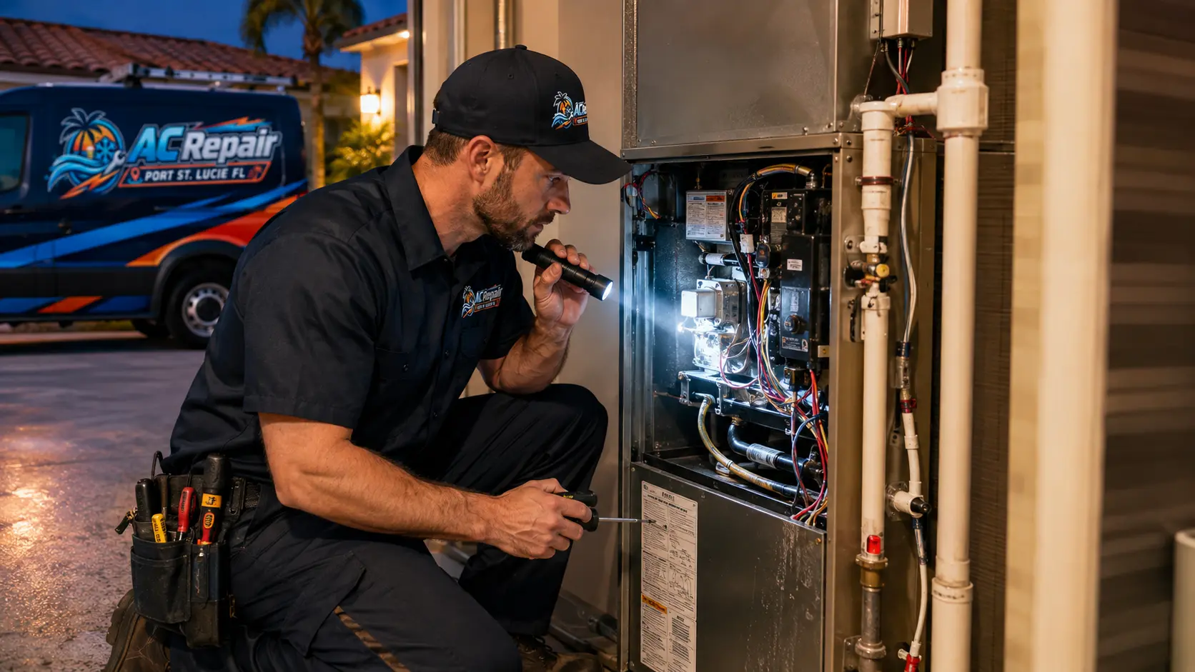 Technician inspecting an air handler and drain line with a flashlight