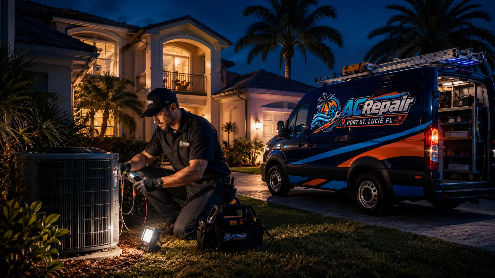 After-hours emergency AC repair on a condenser at night in Port St. Lucie