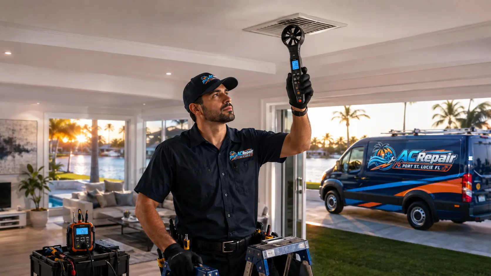 Technician measuring supply-vent airflow inside a Port St. Lucie living room